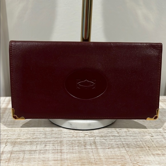 Cartier Long Burgundy Leather Wallet with Gold Accents, Must De